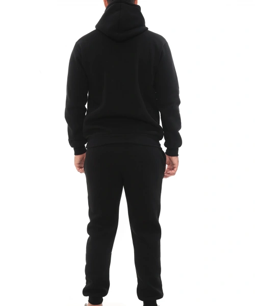 Siyah Şık İçi Polarlı Erkek Eşofman Takımı Paça Lastikli Cepli Kapüşonlu Nakış Detaylı Compact Takım