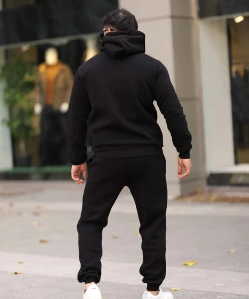 Siyah Şık İçi Polarlı Erkek Eşofman Takımı Paça Lastikli Cepli Kapüşonlu Nakış Detaylı Compact Takım