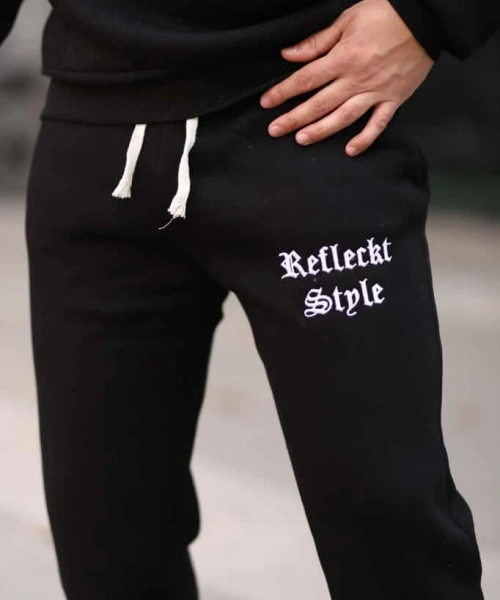 Siyah Şık İçi Polarlı Erkek Eşofman Takımı Paça Lastikli Cepli Kapüşonlu Nakış Detaylı Compact Takım