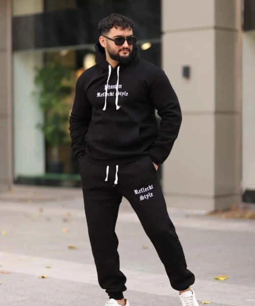 Siyah Şık İçi Polarlı Erkek Eşofman Takımı Paça Lastikli Cepli Kapüşonlu Nakış Detaylı Compact Takım