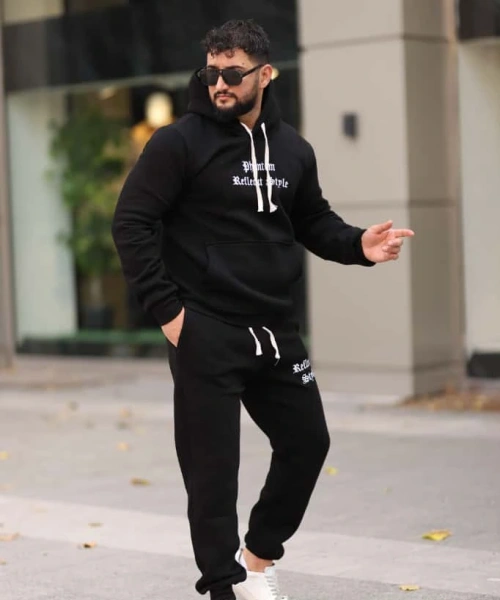 Siyah Şık İçi Polarlı Erkek Eşofman Takımı Paça Lastikli Cepli Kapüşonlu Nakış Detaylı Compact Takım