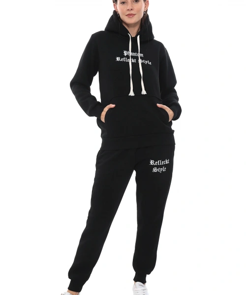 Siyah Şık Polarlı Kadın Eşofman Takımı Paça Lastikli Cepli Kapüşonlu Nakış Detaylı Compact Takım