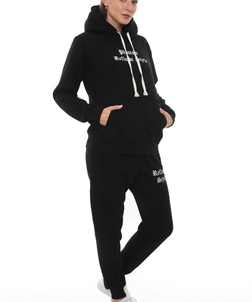 Siyah Şık Polarlı Kadın Eşofman Takımı Paça Lastikli Cepli Kapüşonlu Nakış Detaylı Compact Takım