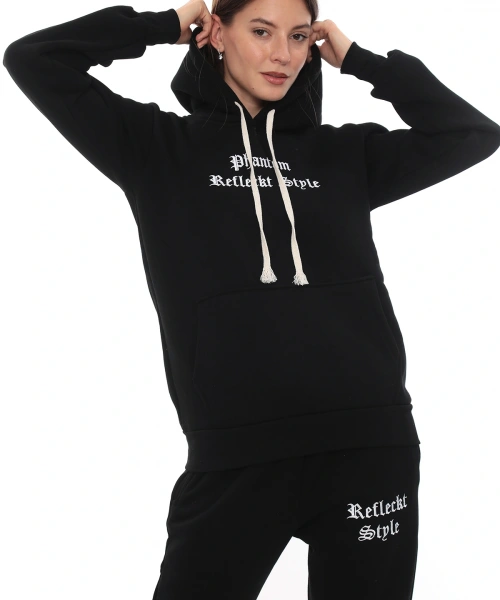 Siyah Şık Polarlı Kadın Eşofman Takımı Paça Lastikli Cepli Kapüşonlu Nakış Detaylı Compact Takım