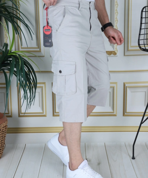 Taş Renk Erkek Regular Fit Rahat Kesim Kapri Likralı Gabardin Diz Altı Kargo Cepli Bermuda Kapri