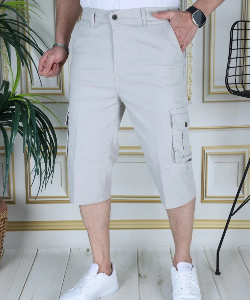 Taş Renk Erkek Regular Fit Rahat Kesim Kapri Likralı Gabardin Diz Altı Kargo Cepli Bermuda Kapri
