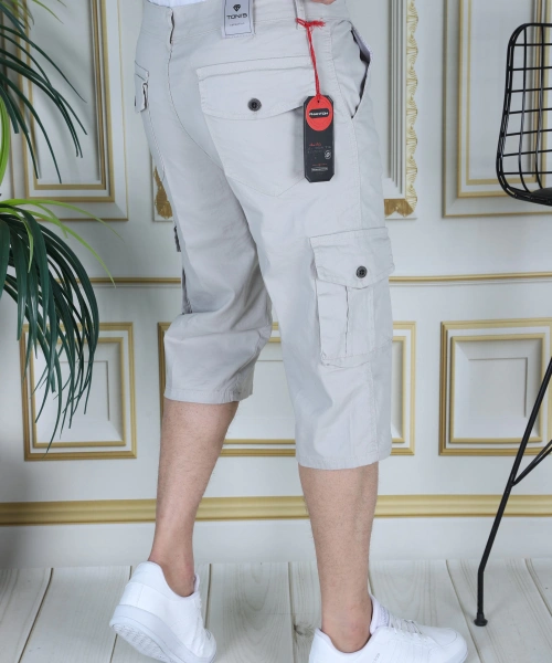 Taş Renk Erkek Regular Fit Rahat Kesim Kapri Likralı Gabardin Diz Altı Kargo Cepli Bermuda Kapri