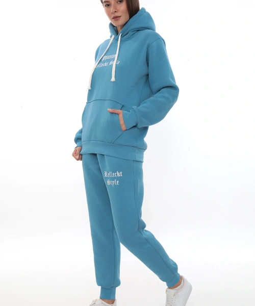 Turkuaz Polarlı Şık Kadın Eşofman Takımı Paça Lastikli Cepli Kapüşonlu Nakış Detaylı Compact Takım