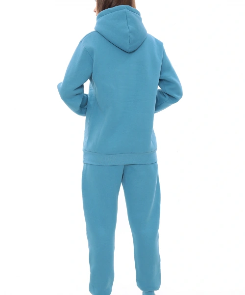 Turkuaz Polarlı Şık Kadın Eşofman Takımı Paça Lastikli Cepli Kapüşonlu Nakış Detaylı Compact Takım