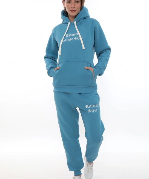 Turkuaz Polarlı Şık Kadın Eşofman Takımı Paça Lastikli Cepli Kapüşonlu Nakış Detaylı Compact Takım