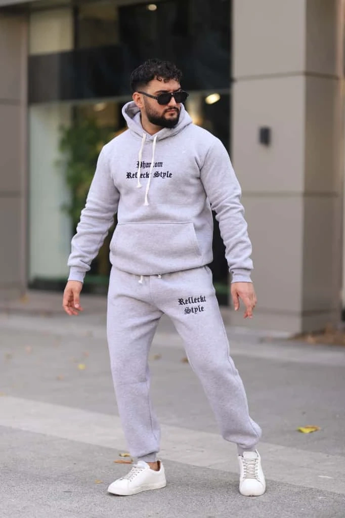 Açık Gri Şık İçi Polarlı Erkek Eşofman Takımı Paça Lastikli Cepli Kapüşonlu Nakış Detaylı Compact Takım