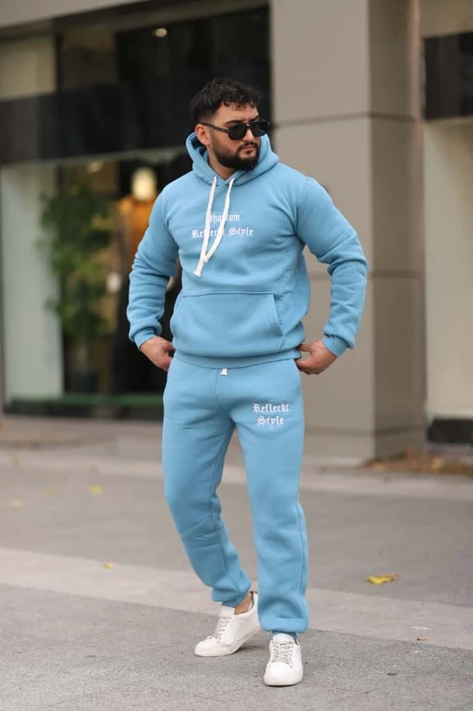 Açık Mavi Turkuaz İçi Polarlı Erkek Eşofman Takımı Paça Lastikli Cepli Kapüşonlu Nakış Detaylı Compact Takım