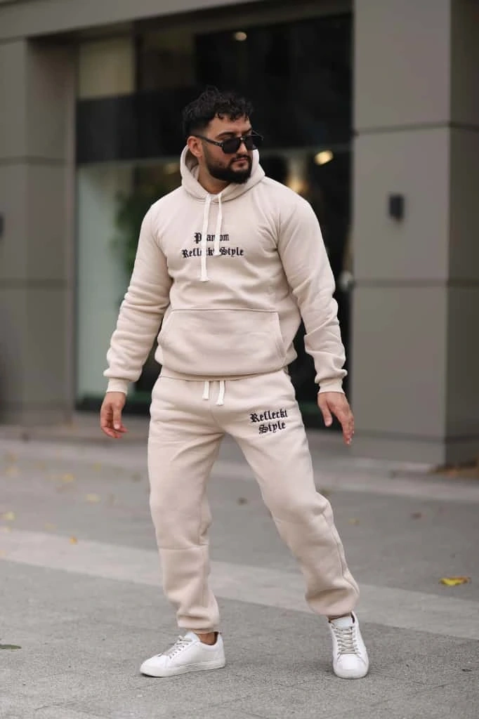 Bej İçi Polarlı Şık Erkek Eşofman Takımı Paça Lastikli Cepli Kapüşonlu Nakış Detaylı Compact Takım