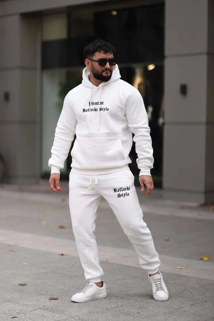 Beyaz İçi Polarlı Şık Erkek Eşofman Takımı Paça Lastikli Cepli Kapüşonlu Nakış Detaylı Compact Takım