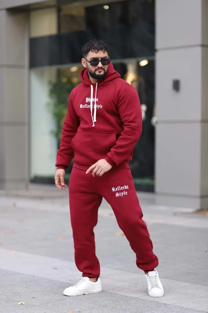 Bordo Şık İçi Polarlı Erkek Eşofman Takımı Paça Lastikli Cepli Kapüşonlu Nakış Detaylı Compact Takım