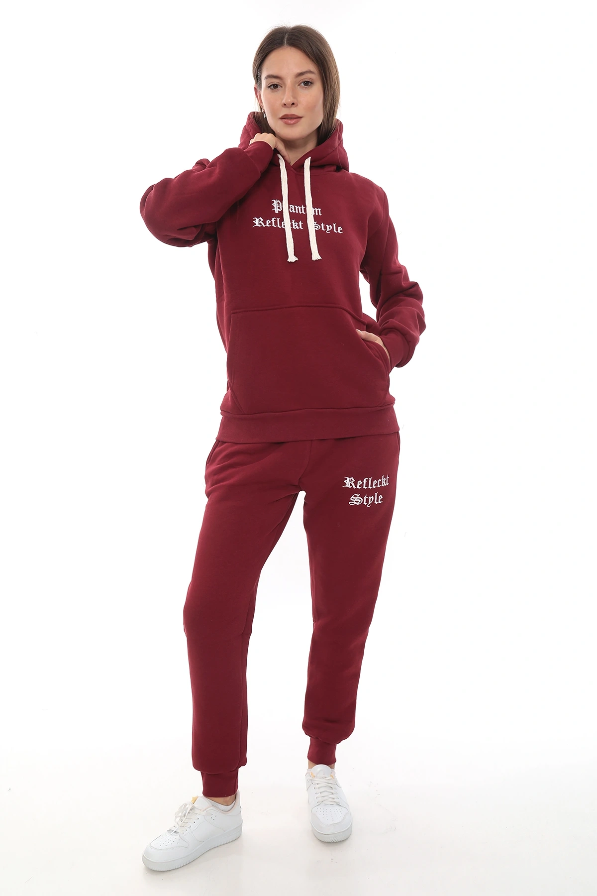 Bordo Şık Polarlı Kadın Eşofman Takımı Paça Lastikli Cepli Kapüşonlu Nakış Detaylı Compact Takım