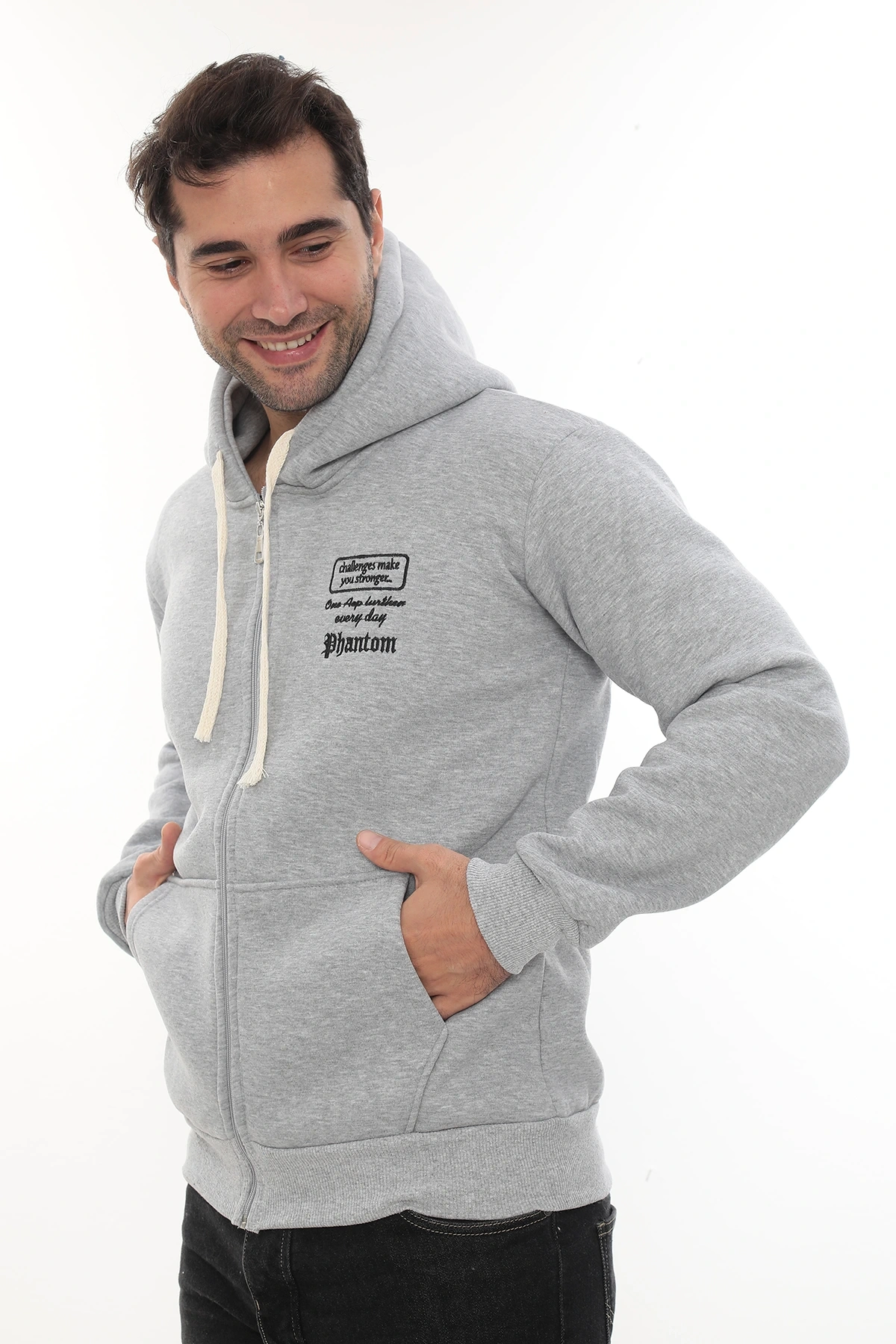 Erkek Açık Gri Standart Fit Normal Kesim Içi Polarlı Tam Fermuarlı Kapüşonlu Pamuklu Sweatshirt