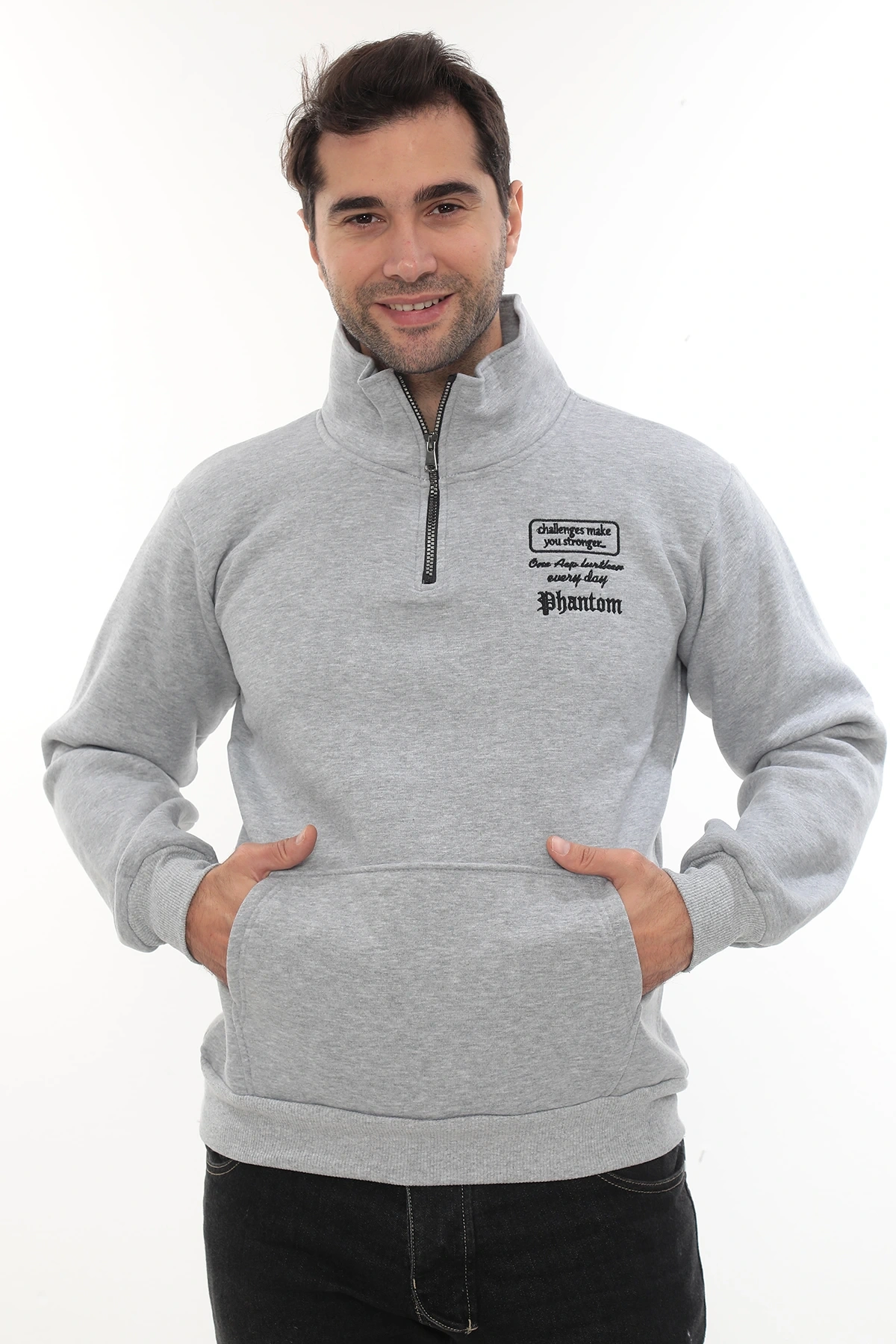 Erkek Açık Gri Standart Fit Normal Kesim Içi Polarlı Yarım Fermuarlı Dik Bato Yaka Pamuklu Sweatshirt