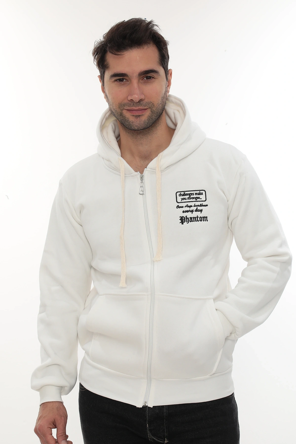 Erkek Beyaz Standart Fit Normal Kesim Içi Polarlı Tam Fermuarlı Kapüşonlu Pamuklu Sweatshirt