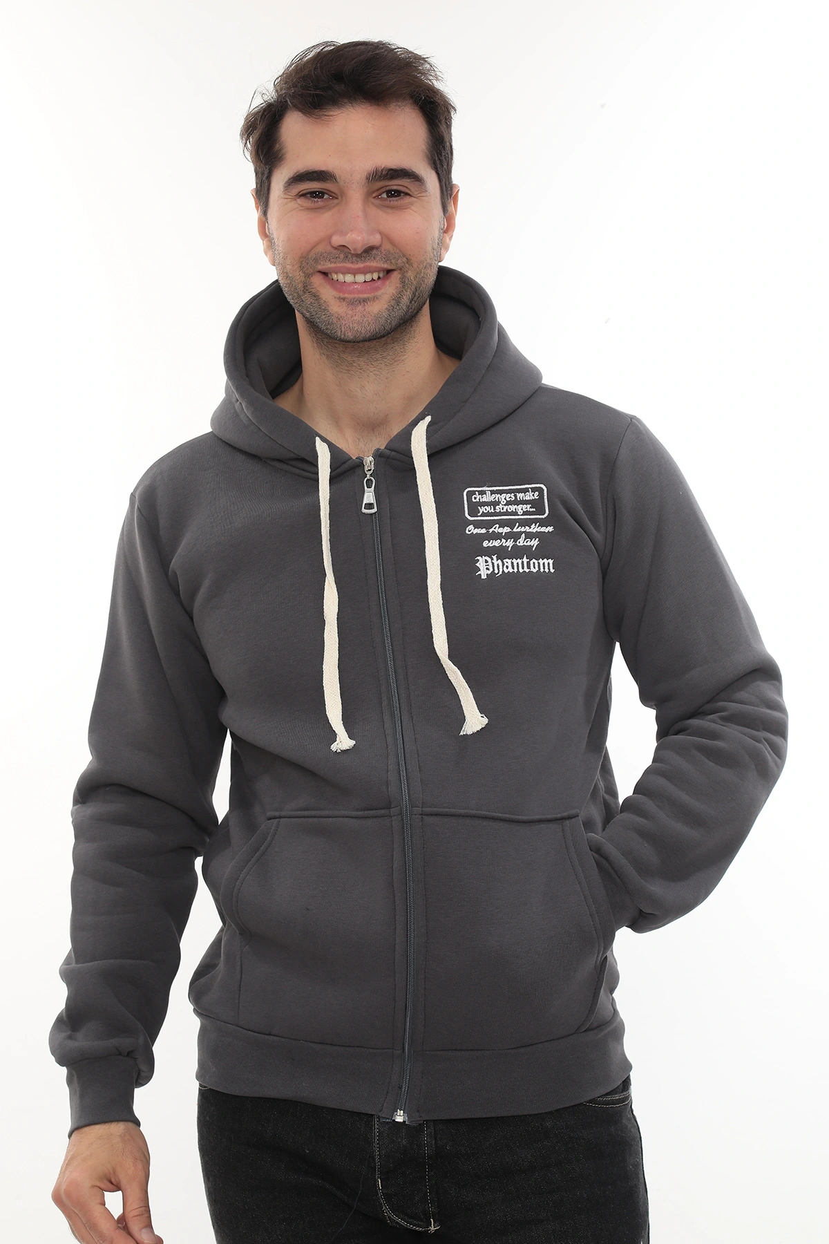 Erkek Füme Standart Fit Normal Kesim Içi Polarlı Tam Fermuarlı Kapüşonlu Pamuklu Sweatshirt