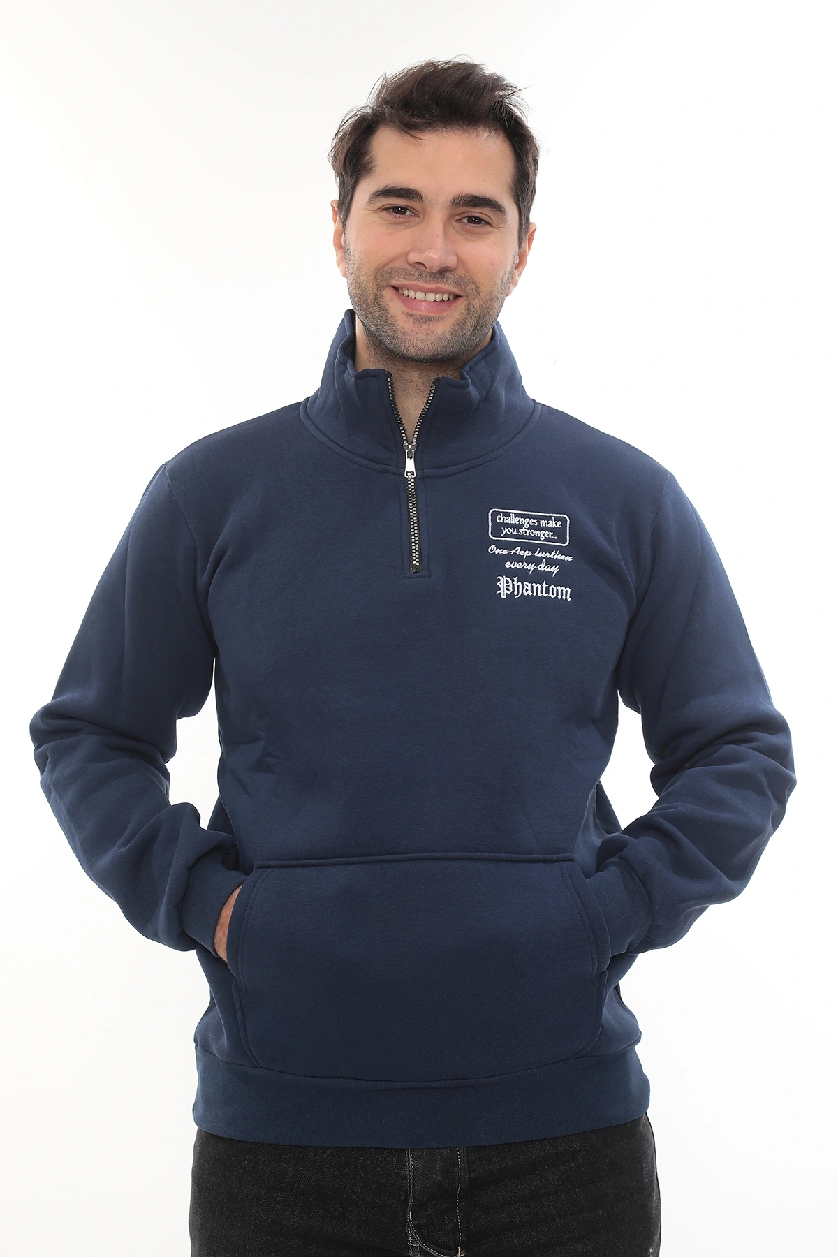 Erkek Mavi Standart Fit Normal Kesim Içi Polarlı Yarım Fermuarlı Dik Bato Yaka Pamuklu Sweatshirt