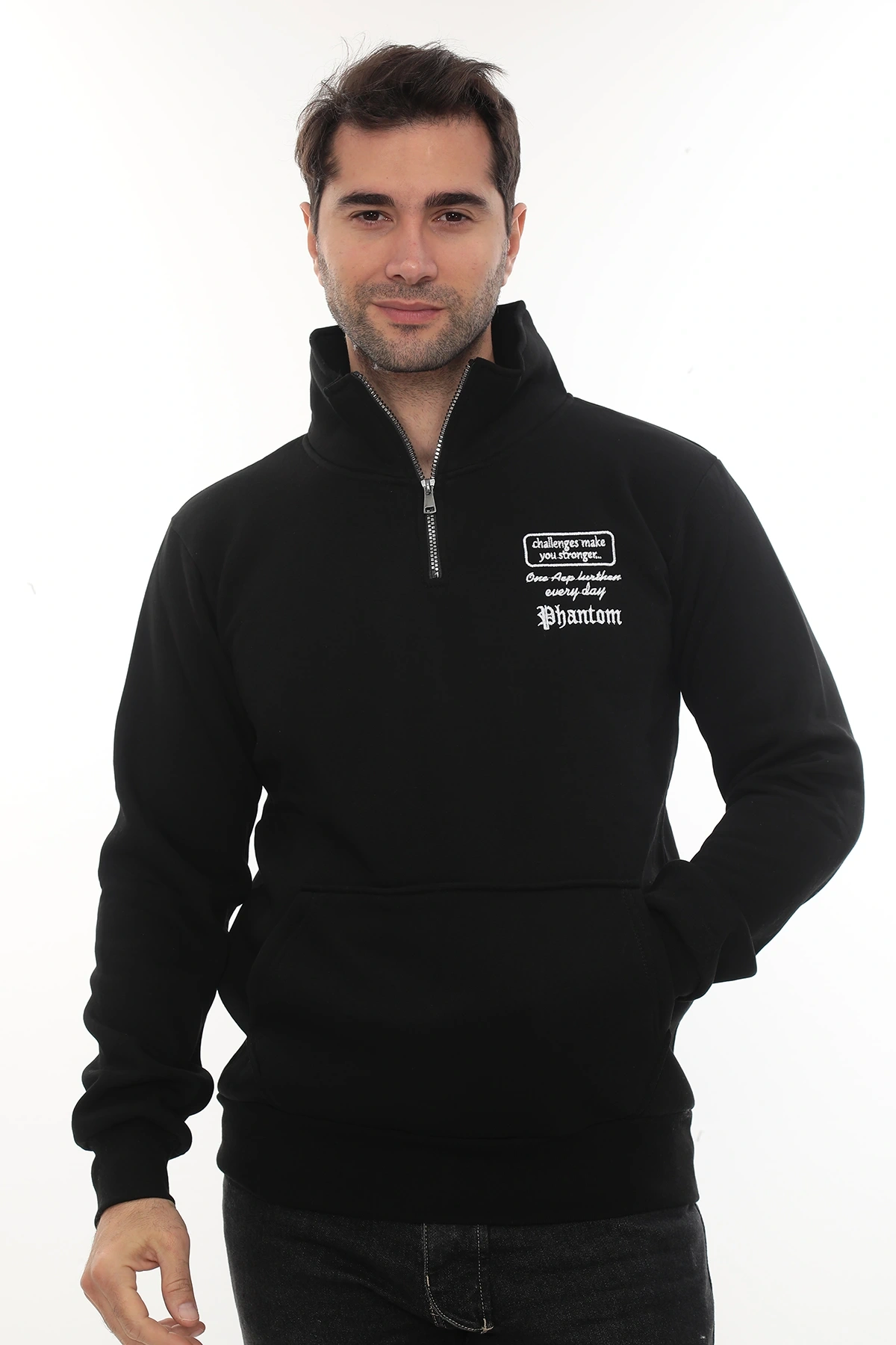 Erkek Siyah Standart Fit Normal Kesim Içi Polarlı Yarım Fermuarlı Dik Bato Yaka Pamuklu Sweatshirt