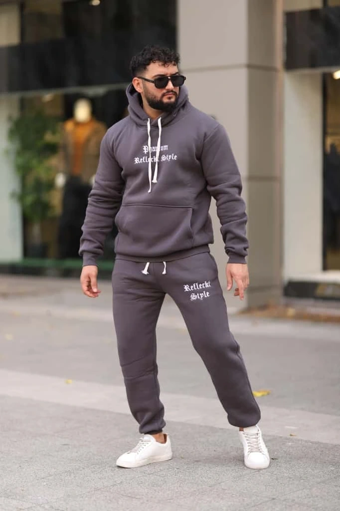 Füme Şık İçi Polarlı Erkek Eşofman Takımı Paça Lastikli Cepli Kapüşonlu Nakış Detaylı Compact Takım