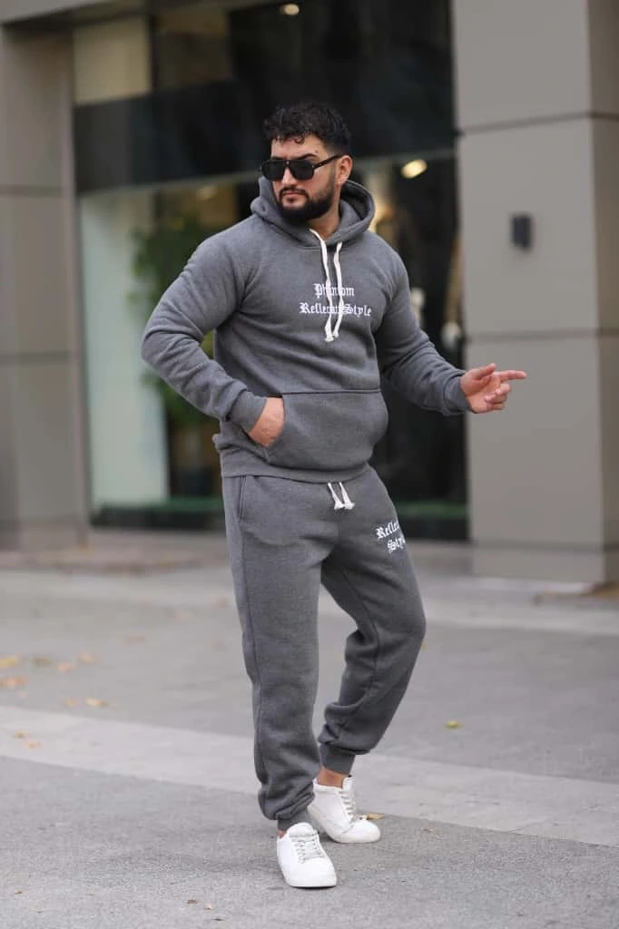 Koyu Gri Melanj Polarlı Erkek Eşofman Takımı Paça Lastikli Cepli Kapüşonlu Nakış Detaylı Compact Takım
