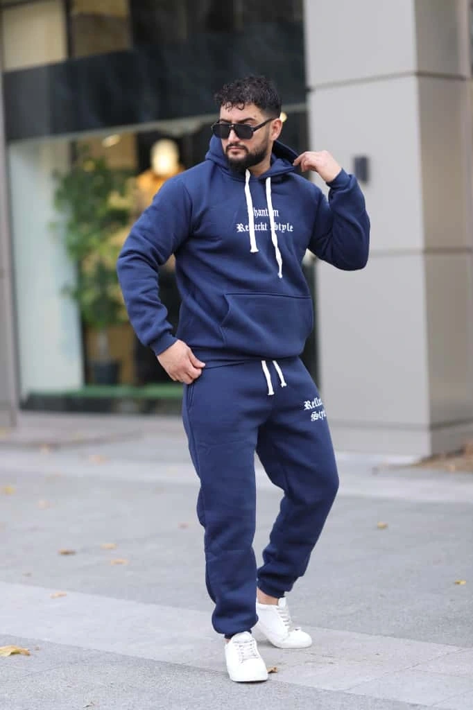 Mavi Şık İçi Polarlı Erkek Eşofman Takımı Paça Lastikli Cepli Kapüşonlu Nakış Detaylı Compact Takım