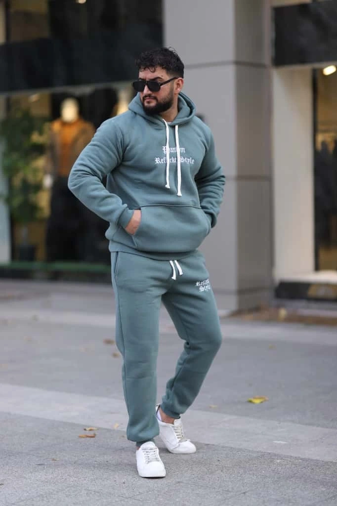 Petrol Şık İçi Polarlı Erkek Eşofman Takımı Paça Lastikli Cepli Kapüşonlu Nakış Detaylı Compact Takım