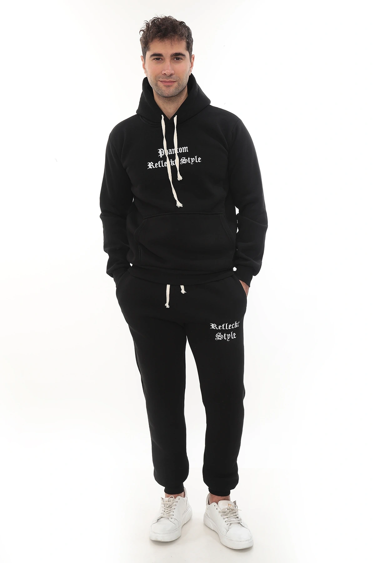 Siyah Şık İçi Polarlı Erkek Eşofman Takımı Paça Lastikli Cepli Kapüşonlu Nakış Detaylı Compact Takım