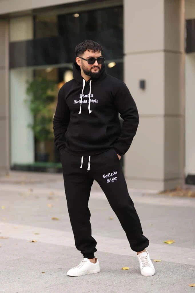 Siyah Şık İçi Polarlı Erkek Eşofman Takımı Paça Lastikli Cepli Kapüşonlu Nakış Detaylı Compact Takım