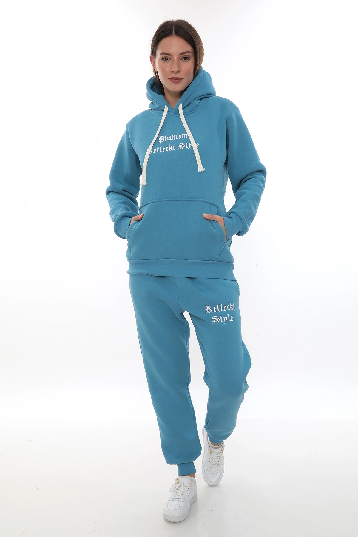 Turkuaz Polarlı Şık Kadın Eşofman Takımı Paça Lastikli Cepli Kapüşonlu Nakış Detaylı Compact Takım