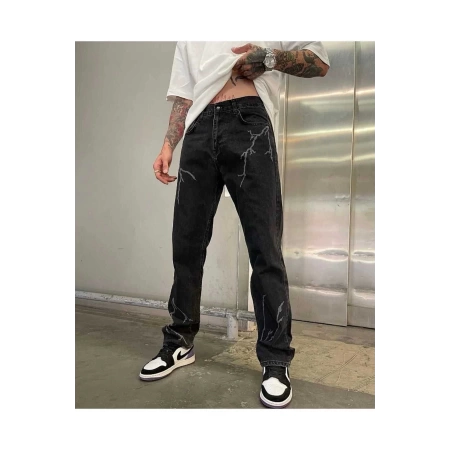 Baggy Fit Şimşek/yıldırım Desenli Koyu Gri Kot Pantolon Denim Oversize Phantom Jeans Sokak Stili