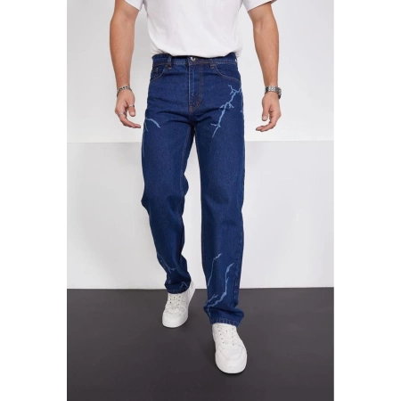 Koyu Mavi Şimşek-yıldırım Desenli Baggy Kot Pantolon Oversize Jeans Lazer Baskılı Phantom Jeans