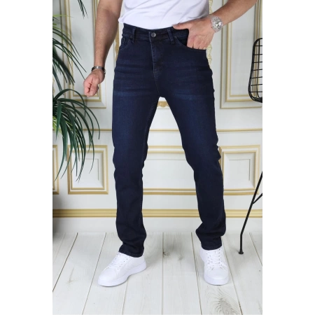 Erkek Koyu Mavi Renk Regular Fit Rahat Kesim Esnek Likralı Denim Jeans Şık Kot Pantolon