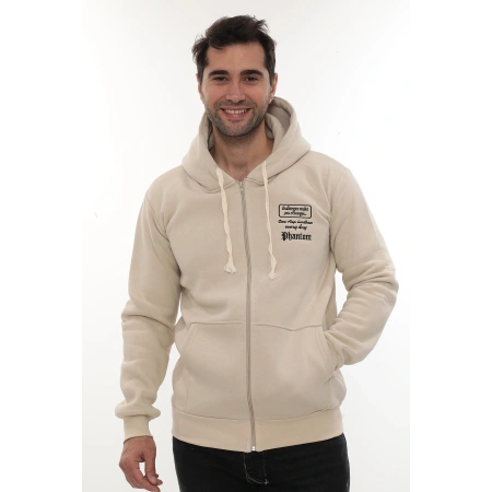 Erkek Bej Standart Fit Normal Kesim Içi Polarlı Tam Fermuarlı Kapüşonlu Pamuklu Sweatshirt