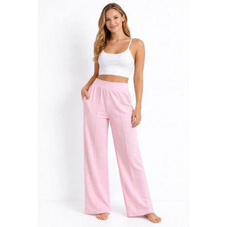 Kadın Pembe Modal Bol Paça Çımalı Yüksek Bel Yumuşak Dokulu Beli Lastikli Likralı Pantolon
