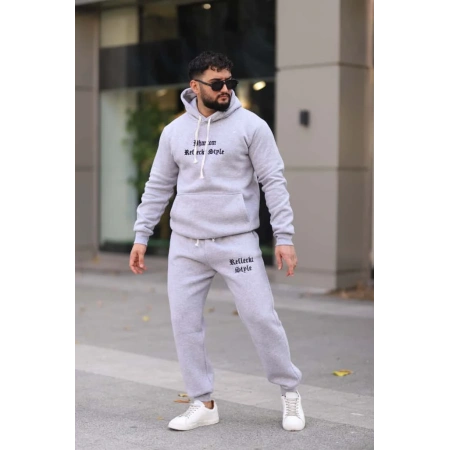 Açık Gri Şık İçi Polarlı Erkek Eşofman Takımı Paça Lastikli Cepli Kapüşonlu Nakış Detaylı Compact Takım