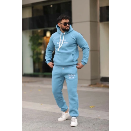 Açık Mavi Turkuaz İçi Polarlı Erkek Eşofman Takımı Paça Lastikli Cepli Kapüşonlu Nakış Detaylı Compact Takım