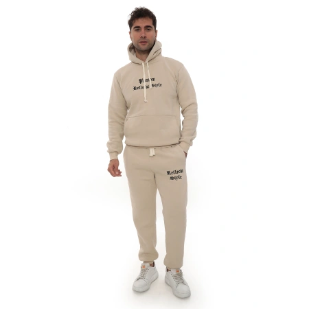 Bej İçi Polarlı Şık Erkek Eşofman Takımı Paça Lastikli Cepli Kapüşonlu Nakış Detaylı Compact Takım