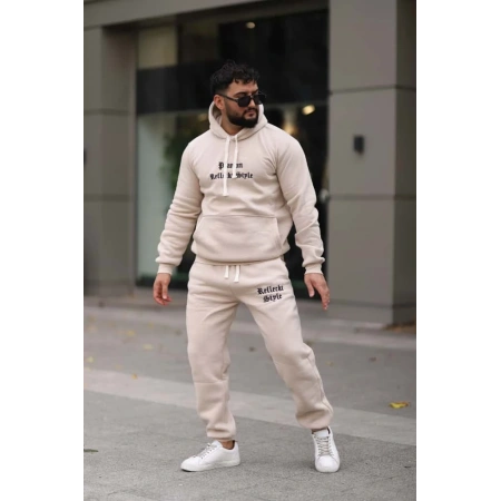 Bej İçi Polarlı Şık Erkek Eşofman Takımı Paça Lastikli Cepli Kapüşonlu Nakış Detaylı Compact Takım