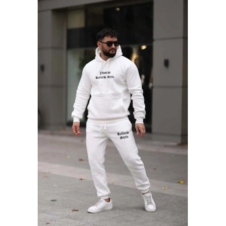 Beyaz İçi Polarlı Şık Erkek Eşofman Takımı Paça Lastikli Cepli Kapüşonlu Nakış Detaylı Compact Takım