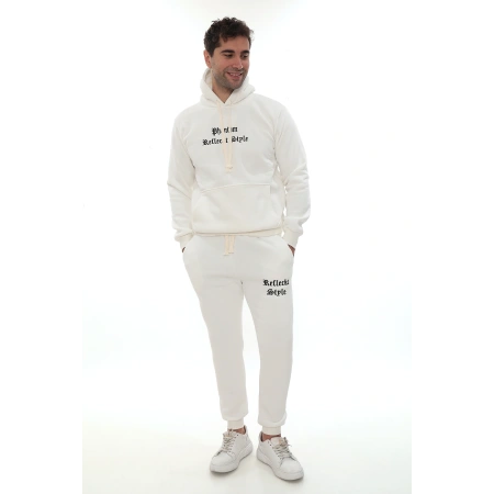 Beyaz İçi Polarlı Şık Erkek Eşofman Takımı Paça Lastikli Cepli Kapüşonlu Nakış Detaylı Compact Takım