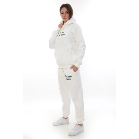 Beyaz Şık Polarlı Kadın Eşofman Takımı Paça Lastikli Cepli Kapüşonlu Nakış Detaylı Compact Takım