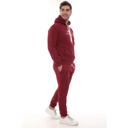 Bordo Şık İçi Polarlı Erkek Eşofman Takımı Paça Lastikli Cepli Kapüşonlu Nakış Detaylı Compact Takım