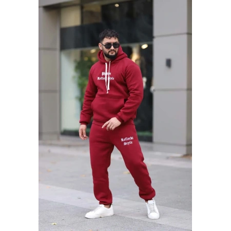 Bordo Şık İçi Polarlı Erkek Eşofman Takımı Paça Lastikli Cepli Kapüşonlu Nakış Detaylı Compact Takım