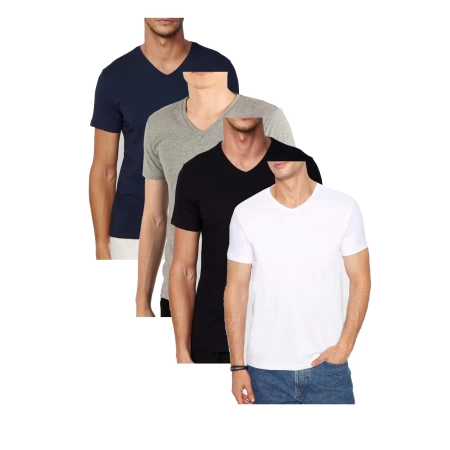 Erkek 4lü Paket Likralı Şık Pamuklu Yumuşak Dokulu Slim Fit V Yaka Basic Tişört