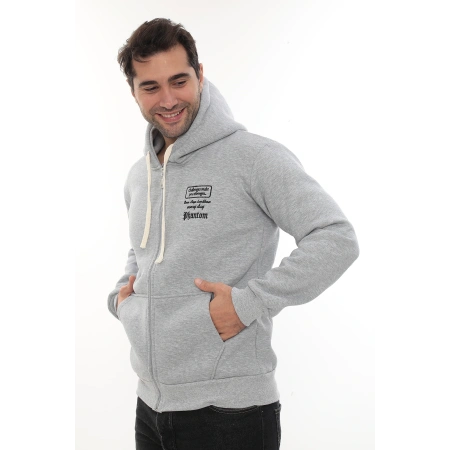 Erkek Açık Gri Standart Fit Normal Kesim Içi Polarlı Tam Fermuarlı Kapüşonlu Pamuklu Sweatshirt