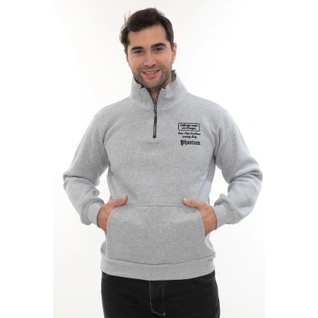 Erkek Açık Gri Standart Fit Normal Kesim Içi Polarlı Yarım Fermuarlı Dik Bato Yaka Pamuklu Sweatshirt